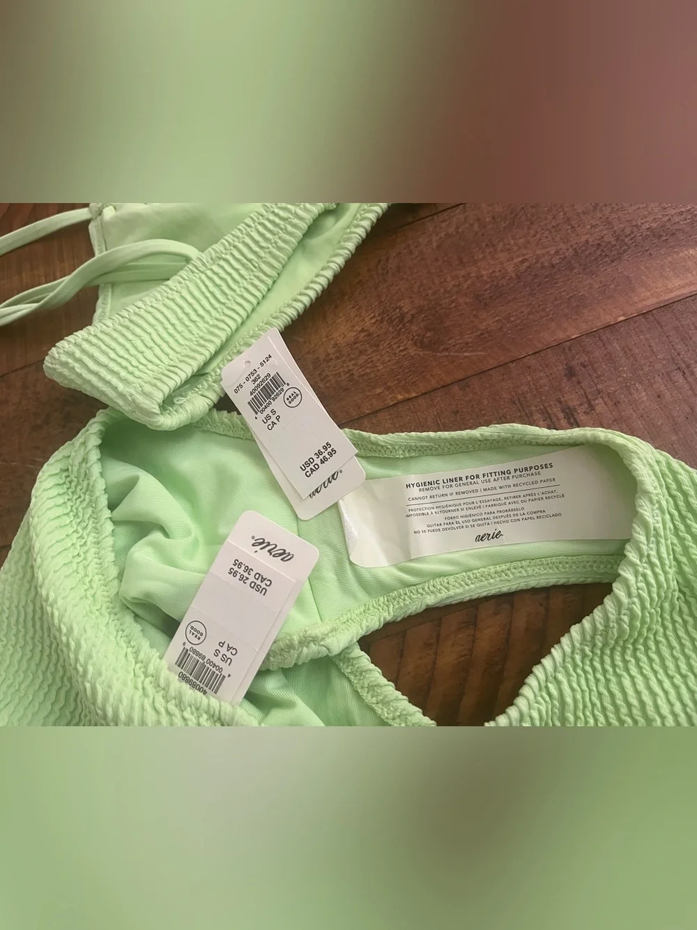 NWT Aerie FULL SET Crinkle Lace Up Top + Full Coverage Bottom Mint Green - Sz S